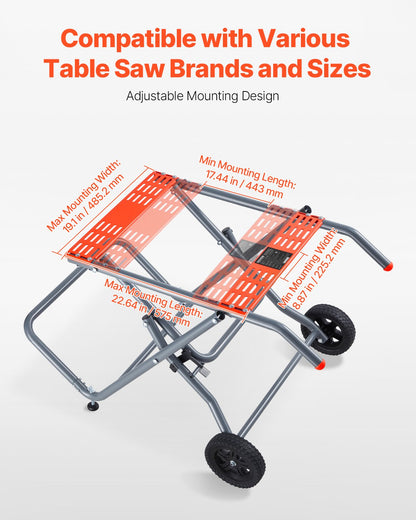 Portable Table Saw Stand, 159 kg/350 lbs Load Capacity, Rolling Foldable Table Saw Table with 203 mm/8 inches Rubber Wheels, Heavy Duty Construction, Easy Storage, Universal for Most Brands of Table Saws
