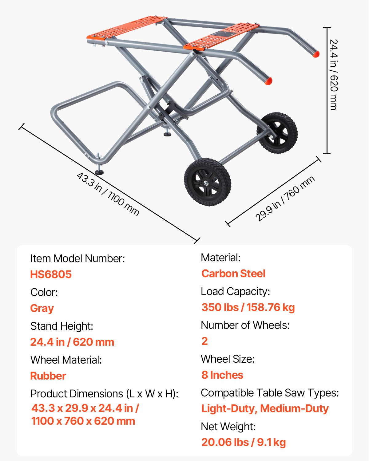Portable Table Saw Stand, 159 kg/350 lbs Load Capacity, Rolling Foldable Table Saw Table with 203 mm/8 inches Rubber Wheels, Heavy Duty Construction, Easy Storage, Universal for Most Brands of Table Saws