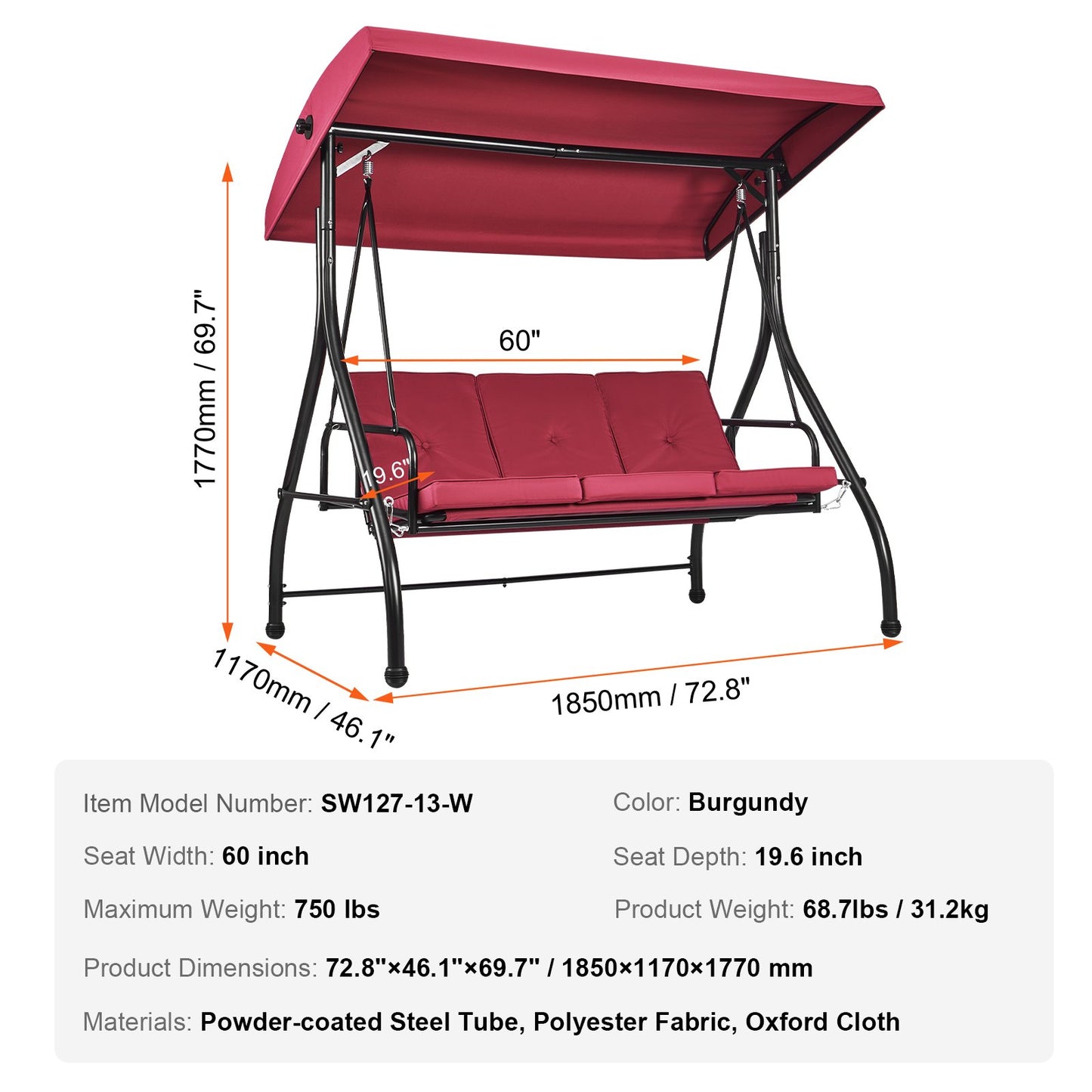 3-Seat Patio Swing Chair, Converting Canopy Swing, Outdoor Patio Porch with Adjustable Canopy, Removable Thick Cushion and Alloy Steel Frame, for Balcony, Backyard, Poolside, Burgundy