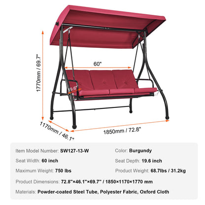 3-Seat Patio Swing Chair, Converting Canopy Swing, Outdoor Patio Porch with Adjustable Canopy, Removable Thick Cushion and Alloy Steel Frame, for Balcony, Backyard, Poolside, Burgundy