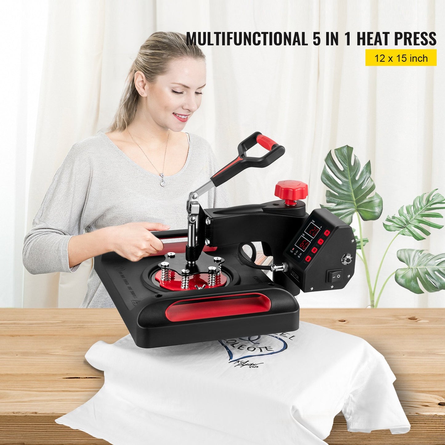 Heat Press Machine 30.5x38.1 cm 360° Rotation Swing Away Red Heat Press 5 In 1 Heat Press 1000W Sublimation Machine 5 In 1 Shirt Printing Machine Dual-Tube Heating for DIY Mugs And T-Shirts Cap