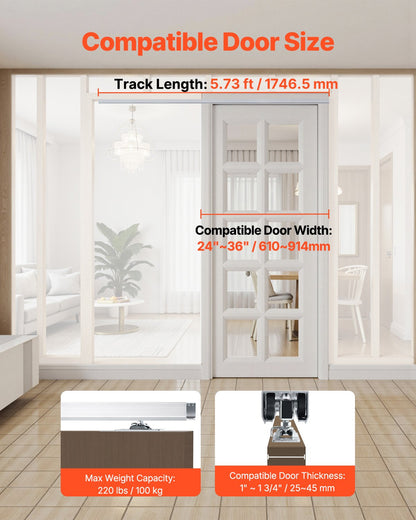 Sliding Pocket Door Hardware Track Kit, 5.73 ft Heavy Duty Pocket Door Hardware Kit, Commercial Grade Pocket Door Hardware and Track Set for 24"-36" Wide Single Door, Smoothly and Easy to Install