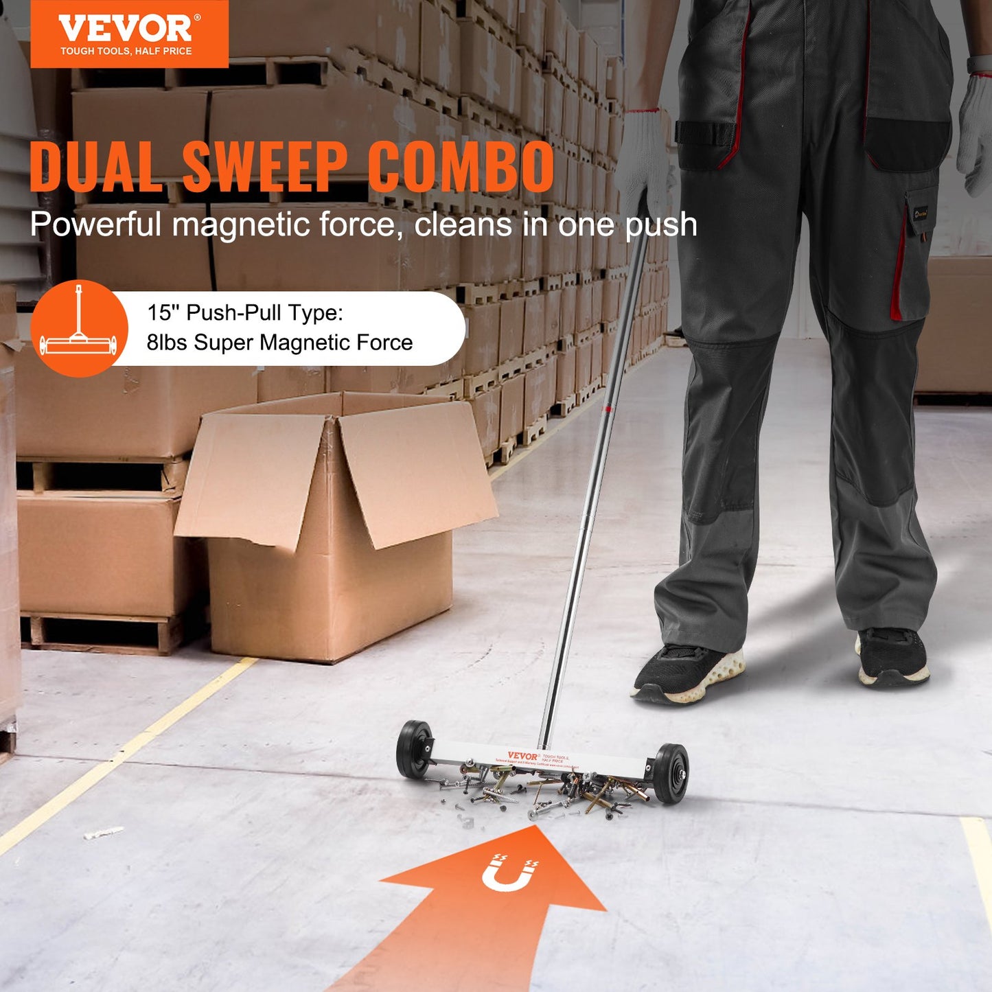 Magnetic Sweeper with Wheels, 15inch Mini Magnetic Sweeper, 8 lbs Capacity, Adjustable Handle, Lightweight Magnetic Pickup Sweeper to Pick Up Nails and Screws, Easy Cleanup of Workshop Garage