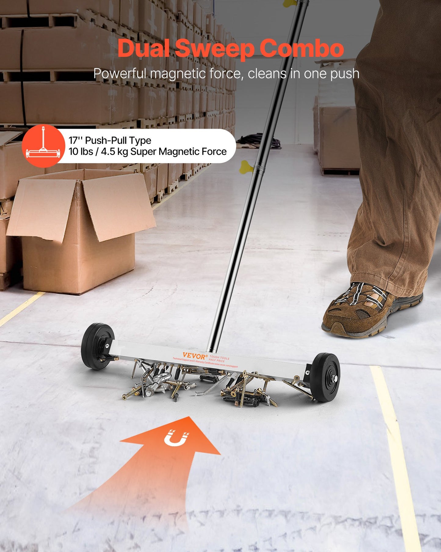 Magnetic Sweeper with Wheels, 43 cm, 4.5 kg Load Capacity, Lightweight Magnetic Pickup Sweeper with Adjustable Handle, Pick Up Nails and Screws, Easy Cleanup for Garages, Roofing Projects