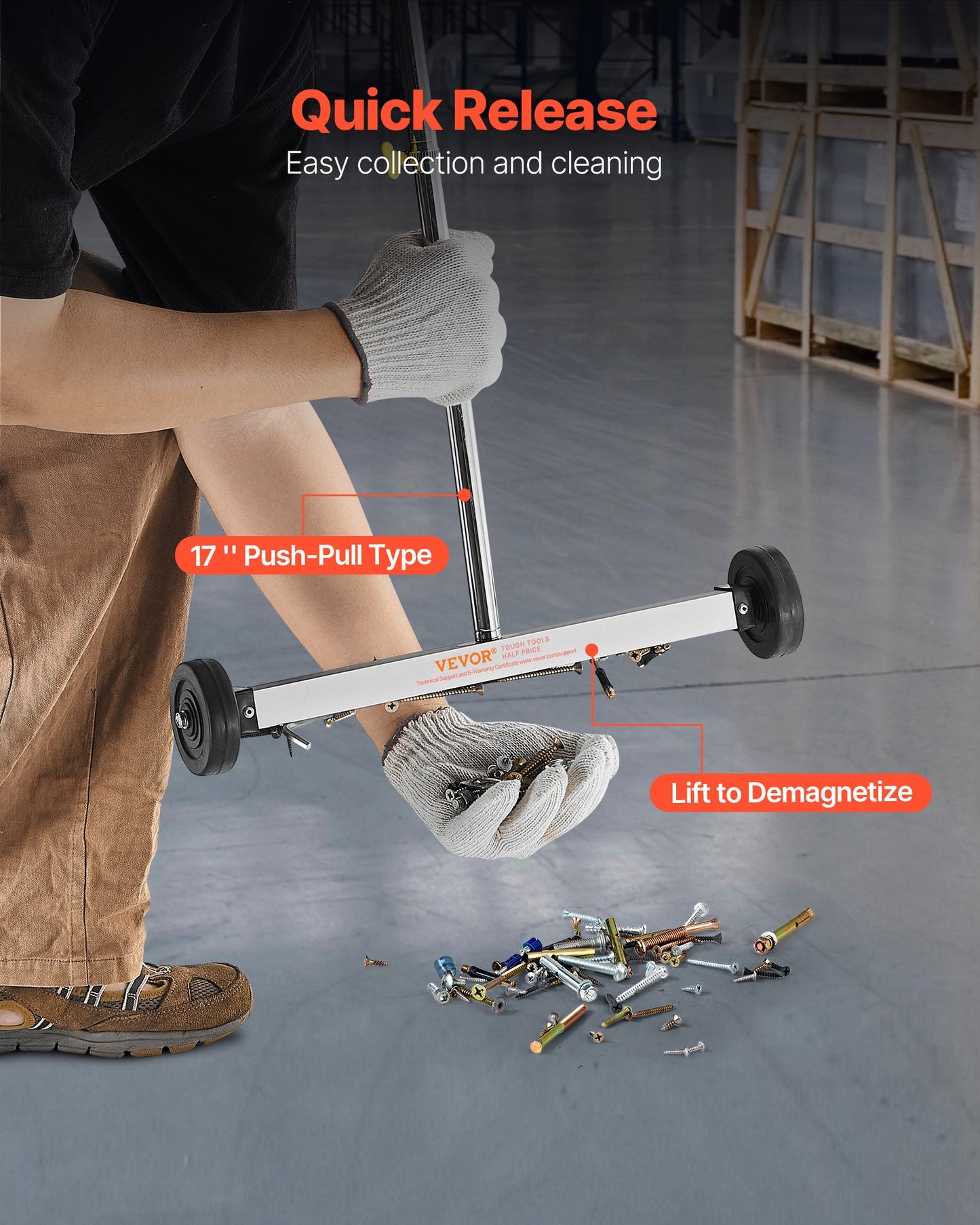 Magnetic Sweeper with Wheels, 43 cm, 4.5 kg Load Capacity, Lightweight Magnetic Pickup Sweeper with Adjustable Handle, Pick Up Nails and Screws, Easy Cleanup for Garages, Roofing Projects