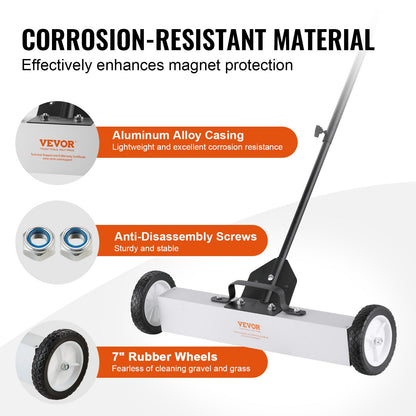 22.7 kg Rolling Magnetic Sweeper with Wheels, Push-Type Magnetic Pick Up Sweeper, 74 cm Large Magnet Pickup Lawn Sweeper with Telescoping Handle, Easy Cleanup of Workshop Garage Yard