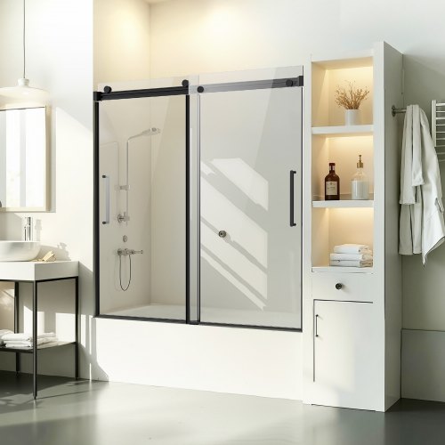 Frameless Sliding Bathtub Door, 56-60 in.W x 60 in.H, Frameless Shower Glass Door, Frameless Double Sliding Tub Door with 5/16 in Clear Tempered Glass and Stainless Steel Handle, Black Finish