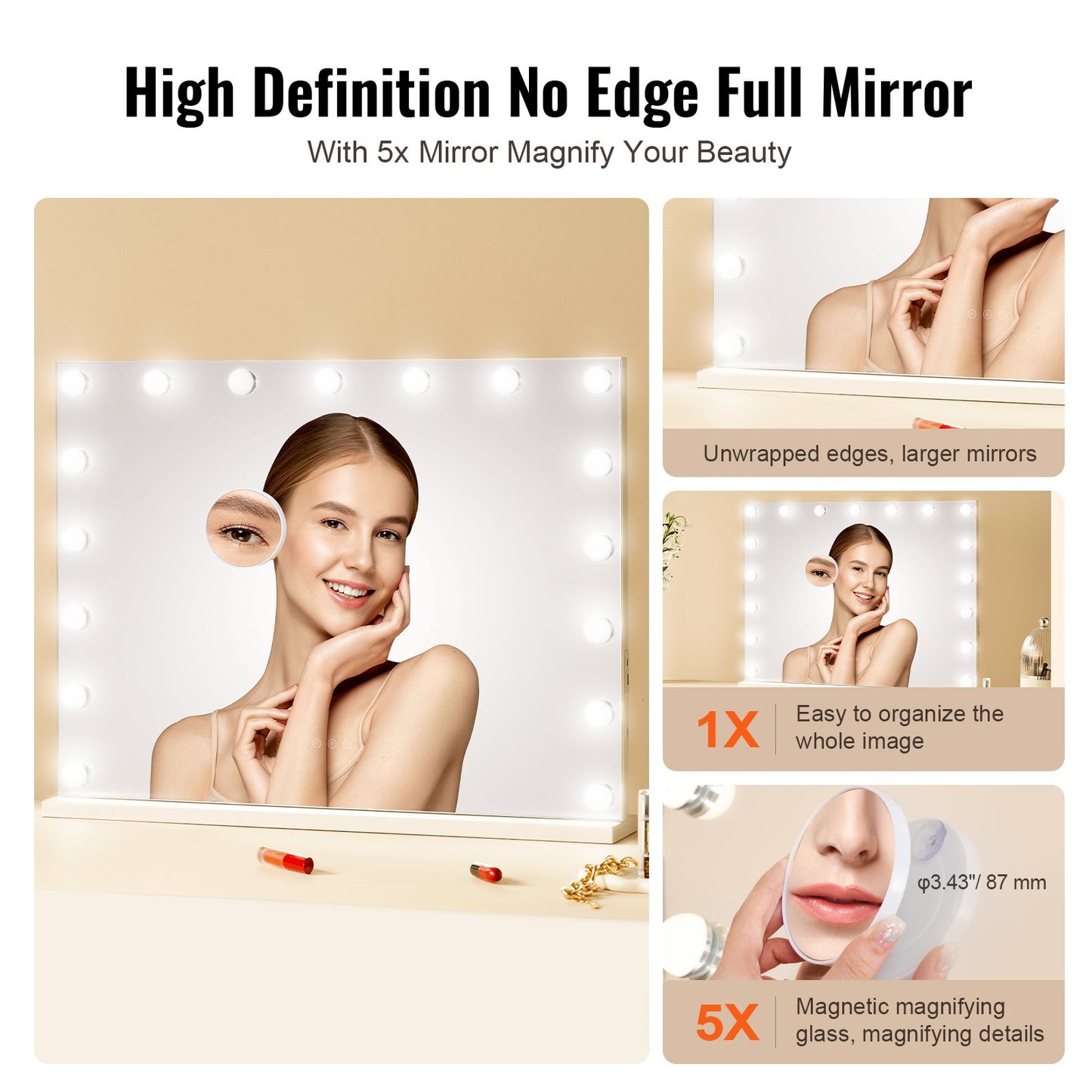 Hollywood Vanity Mirror With Lights w/ USB Type C Desktop Wallmount 59.9 cm