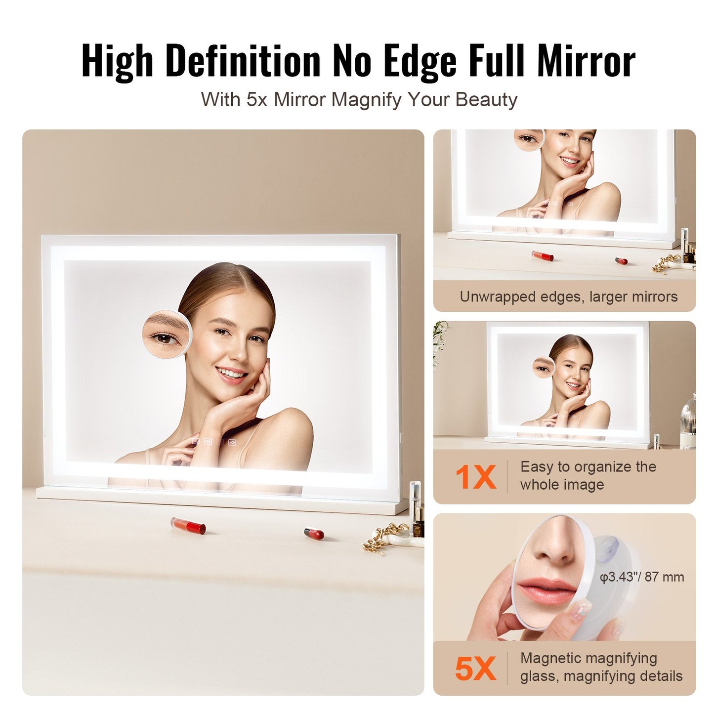Lighted Makeup Mirror 3 Color w/ Bluetooth USB Desktop Wall-mount 55.1 cm