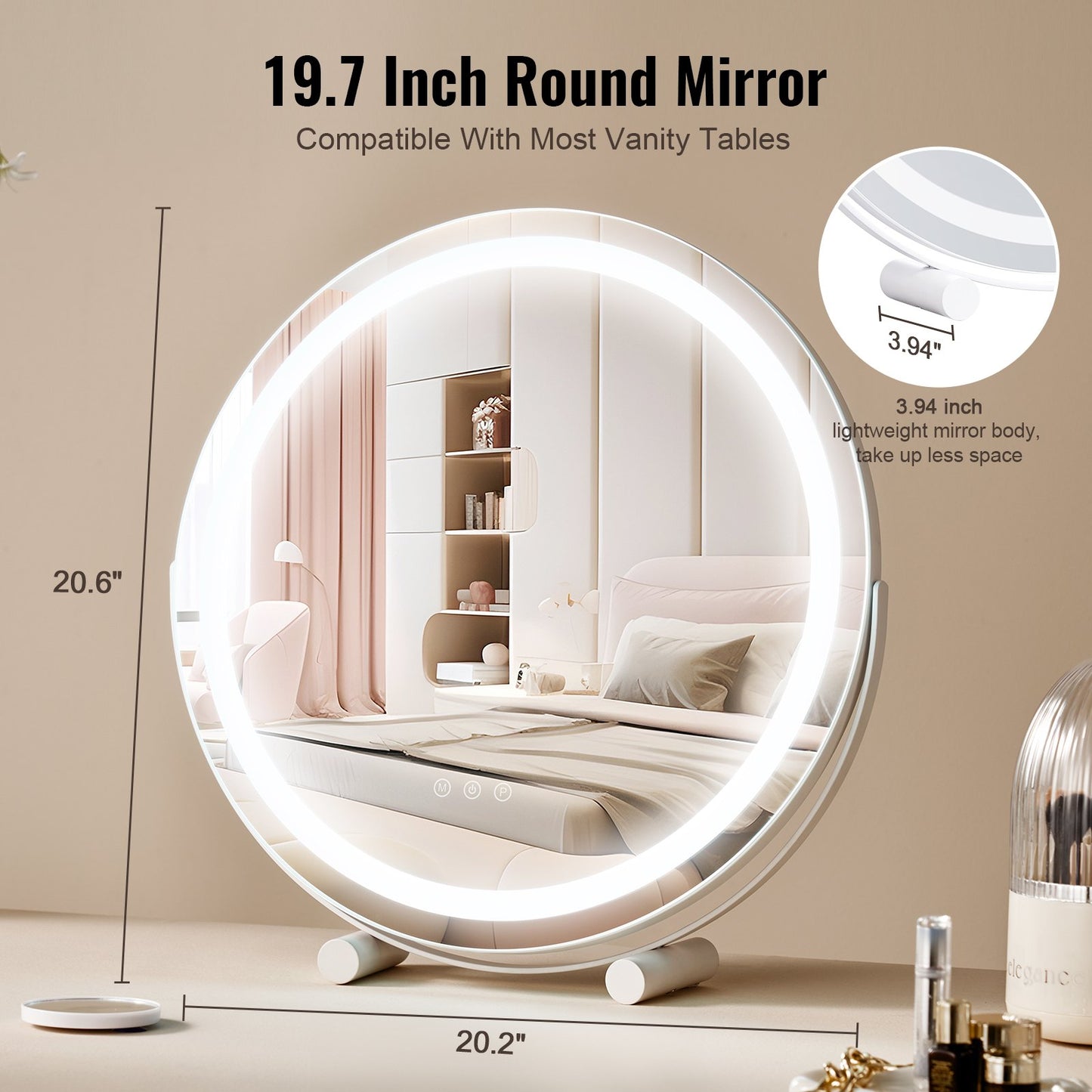 20” Vanity Mirror With Lights, LED Makeup Mirror 3 Color Lighting Modes, with 5X Magnification Mirror, Smart Touch Control, 360°Rotation,Round Lighted Makeup Mirror for Bedroom Tabletop (White)