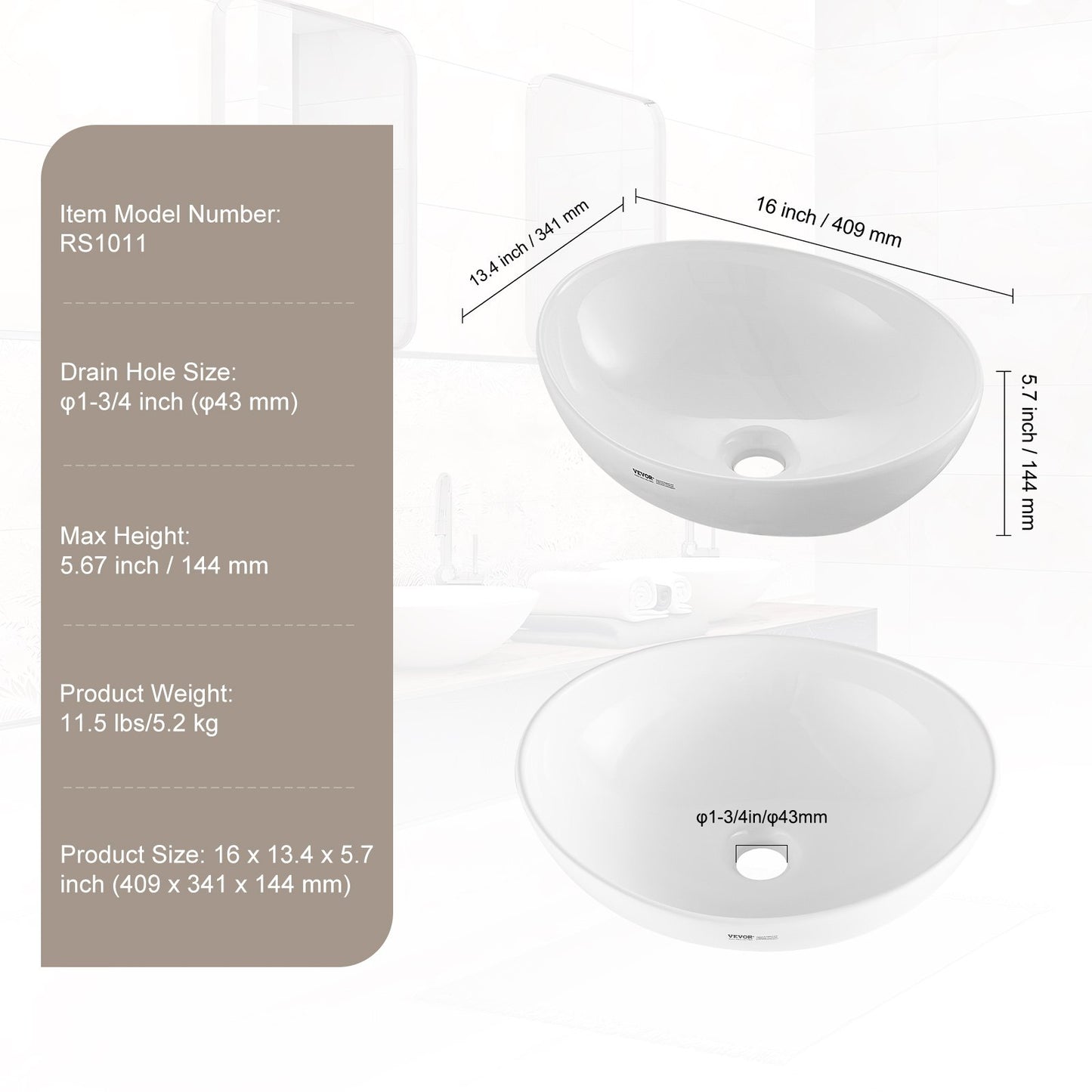 Oval Vessel Sink, 16" x 13.4" Bathroom Vessel Sink Bowl Countertop, White Ceramic Bathroom Sinks Above Counter, Bowl Sink with Modern Style, Well-Packaged for Bathroom, Hotel, Toilet, RV