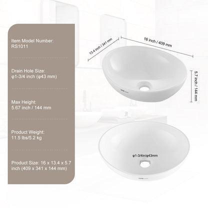 Oval Vessel Sink, 16" x 13.4" Bathroom Vessel Sink Bowl Countertop, White Ceramic Bathroom Sinks Above Counter, Bowl Sink with Modern Style, Well-Packaged for Bathroom, Hotel, Toilet, RV