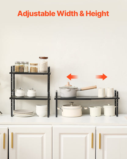 Adjustable Kitchen Cabinet Shelf Organizer, Expandable 2 Tier Cabinet Shelf, Stackable Countertop Organizers and Storage Shelf Risers, Pantry Organizers for Kitchen Bathroom Office, Black