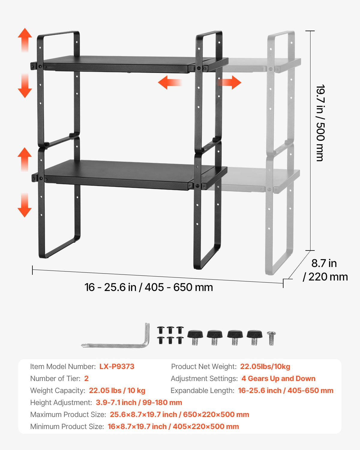 Adjustable Kitchen Cabinet Shelf Organizer, Expandable 2 Tier Cabinet Shelf, Stackable Countertop Organizers and Storage Shelf Risers, Pantry Organizers for Kitchen Bathroom Office, Black