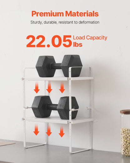 Adjustable Kitchen Cabinet Shelf Organizer, Expandable 2 Tier Cabinet Shelf, Stackable Countertop Organizers and Storage Shelf Risers, Pantry Organizers for Kitchen Bathroom Office, White