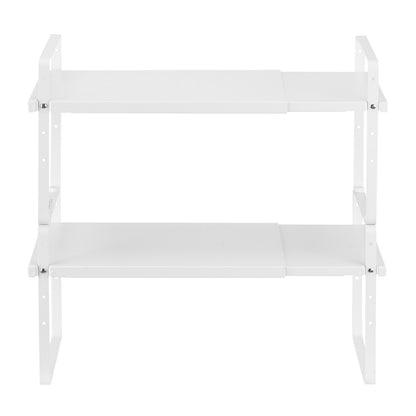 Adjustable Kitchen Cabinet Shelf Organizer, Expandable 2 Tier Cabinet Shelf, Stackable Countertop Organizers and Storage Shelf Risers, Pantry Organizers for Kitchen Bathroom Office, White