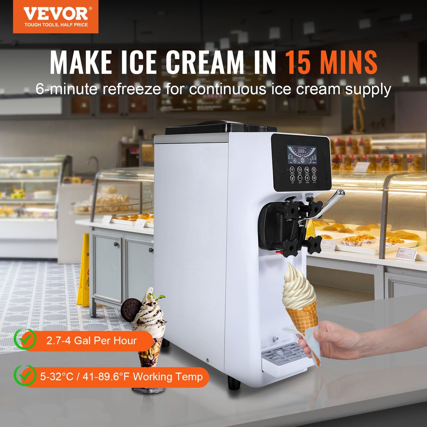 Commercial Ice Cream Machine, 10L/H Yield, 900W Single Flavor Countertop Soft Serve Ice Cream Maker, with 4L Hopper 1.6L Cylinder, LCD Panel Auto Clean Pre-cooling, for Restaurant Snack Bar