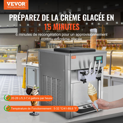 Commercial Ice Cream Machine, 21 QT/H Yield, 1800W 3-Flavor Countertop Soft Serve Ice Cream Maker, 2 x 4L Hopper 2 x 1.8L Cylinder, LCD Panel Auto Clean Pre-cooling, for Restaurant Snack Bar