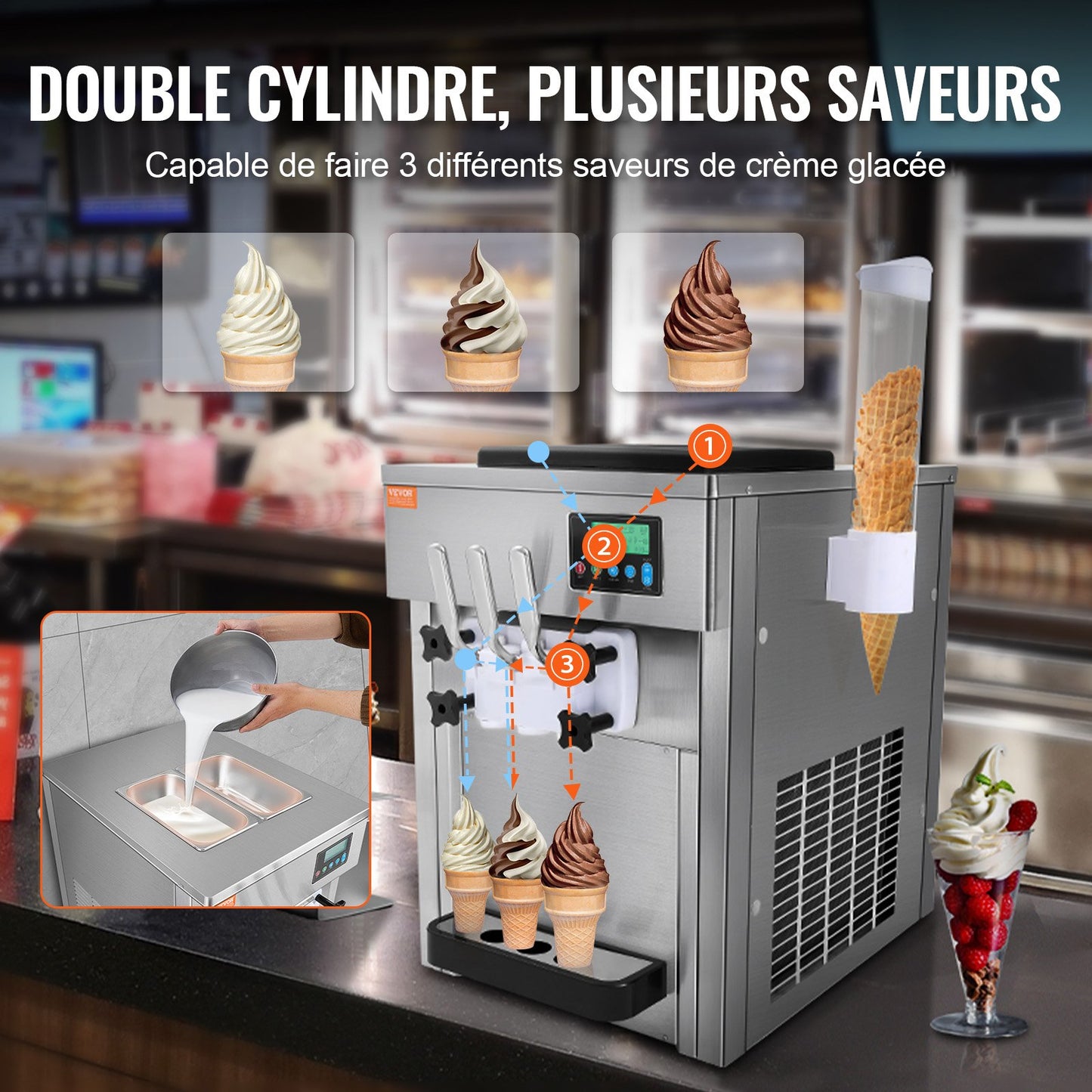 Commercial Ice Cream Machine, 21 QT/H Yield, 1800W 3-Flavor Countertop Soft Serve Ice Cream Maker, 2 x 4L Hopper 2 x 1.8L Cylinder, LCD Panel Auto Clean Pre-cooling, for Restaurant Snack Bar