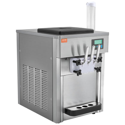 Commercial Ice Cream Machine, 21 QT/H Yield, 1800W 3-Flavor Countertop Soft Serve Ice Cream Maker, 2 x 4L Hopper 2 x 1.8L Cylinder, LCD Panel Auto Clean Pre-cooling, for Restaurant Snack Bar