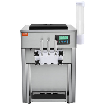Commercial Ice Cream Machine, 21 QT/H Yield, 1800W 3-Flavor Countertop Soft Serve Ice Cream Maker, 2 x 4L Hopper 2 x 1.8L Cylinder, LCD Panel Auto Clean Pre-cooling, for Restaurant Snack Bar