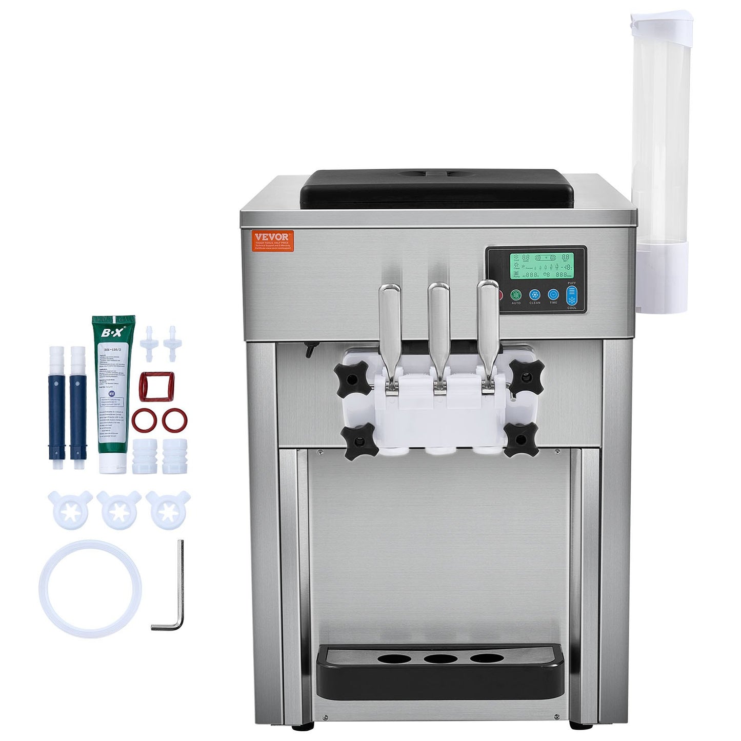 Commercial Ice Cream Machine, 21 QT/H Yield, 1800W 3-Flavor Countertop Soft Serve Ice Cream Maker, 2 x 4L Hopper 2 x 1.8L Cylinder, LCD Panel Auto Clean Pre-cooling, for Restaurant Snack Bar