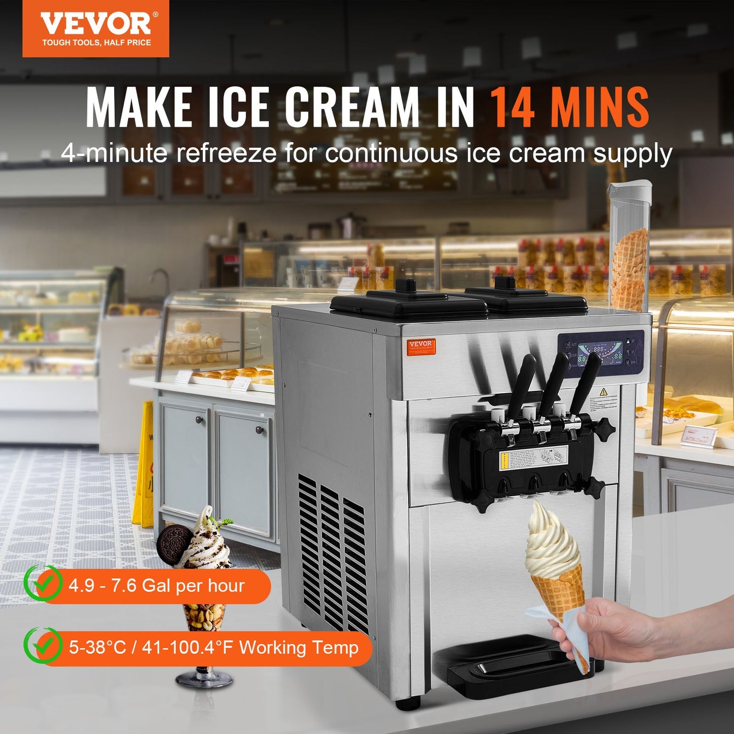 Commercial Ice Cream Machine, 18-28 L/H Yield, 1650W 3-Flavor Countertop Soft Serve Ice Cream Maker, 2 x 5.5L Stainless Steel Cylinder, LED Panel Auto Clean Pre-cooling, for Restaurant Bars