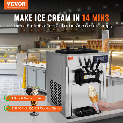 Commercial Ice Cream Machine, 18-28 L/H Yield, 1650W 3-Flavor Countertop Soft Serve Ice Cream Maker, 2 x 5.5L Stainless Steel Cylinder, LED Panel Auto Clean Pre-cooling, for Restaurant Bars