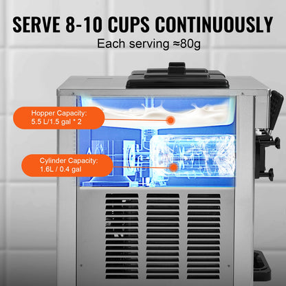 Commercial Ice Cream Machine, 18-28 L/H Yield, 1650W 3-Flavor Countertop Soft Serve Ice Cream Maker, 2 x 5.5L Stainless Steel Cylinder, LED Panel Auto Clean Pre-cooling, for Restaurant Bars
