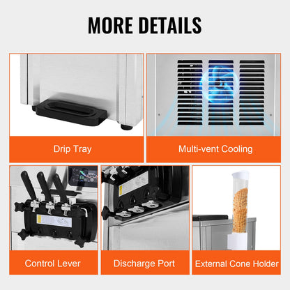Commercial Ice Cream Machine, 18-28 L/H Yield, 1650W 3-Flavor Countertop Soft Serve Ice Cream Maker, 2 x 5.5L Stainless Steel Cylinder, LED Panel Auto Clean Pre-cooling, for Restaurant Bars