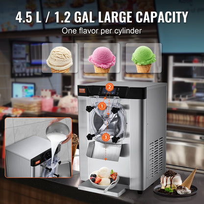 Commercial Ice Cream Machine, 12 L/H Yield, 1295W Single Flavor Countertop Hard Serve Ice Cream Maker, 4.5L Stainless Steel Cylinder, LED Panel Auto Clean Pre-cooling, for Restaurant Snack Bars