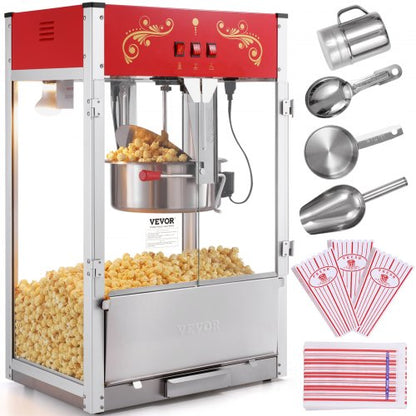 Popcorn Maker, 1615W Popcorn Popper Machine, 16 Oz Kettle Large Capacity Countertop Popcorn Maker with Tempered Glass, Includes 3 Stainless Steel Scoops, Movie Theater Style, Red