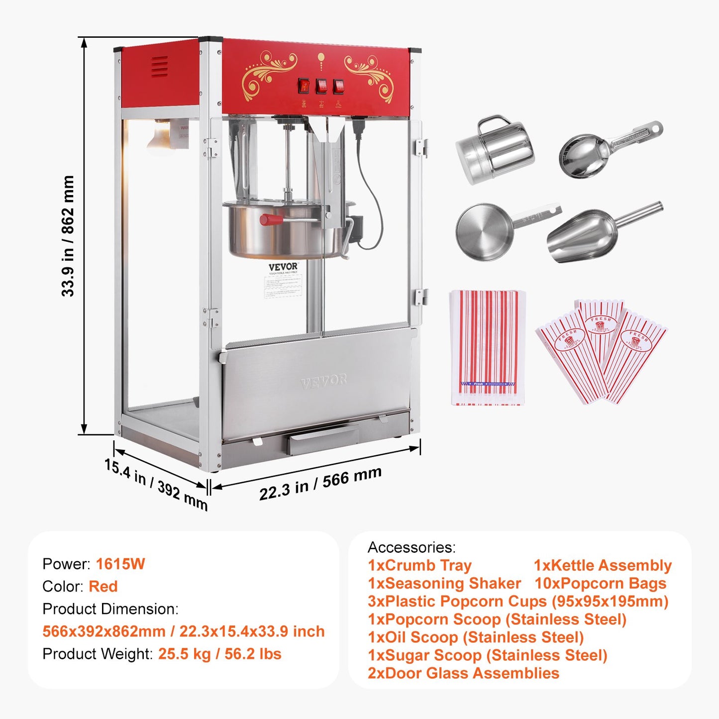 Popcorn Maker, 1615W Popcorn Popper Machine, 16 Oz Kettle Large Capacity Countertop Popcorn Maker with Tempered Glass, Includes 3 Stainless Steel Scoops, Movie Theater Style, Red