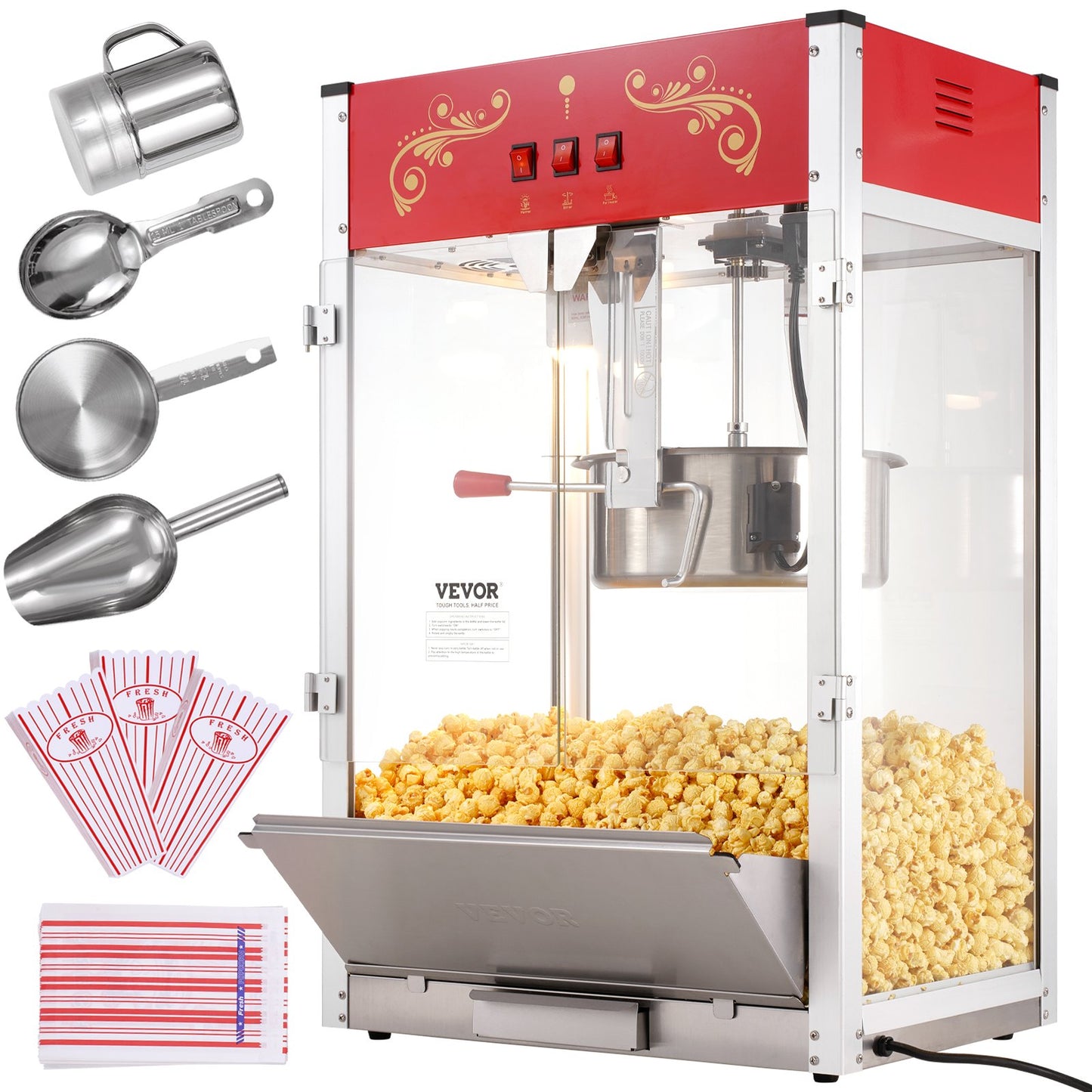 Popcorn Maker, 1615W Popcorn Popper Machine, 16 Oz Kettle Large Capacity Countertop Popcorn Maker with Tempered Glass, Includes 3 Stainless Steel Scoops, Movie Theater Style, Red