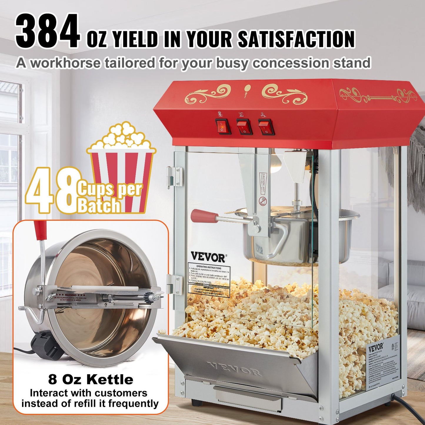 Popcorn Maker, 850W Popcorn Popper Machine, 8 Oz Kettle Makes 48 Cups per Batch, Countertop Popcorn Maker with Tempered Glass, Includes 4 Scoops, Movie Theater Style, Red