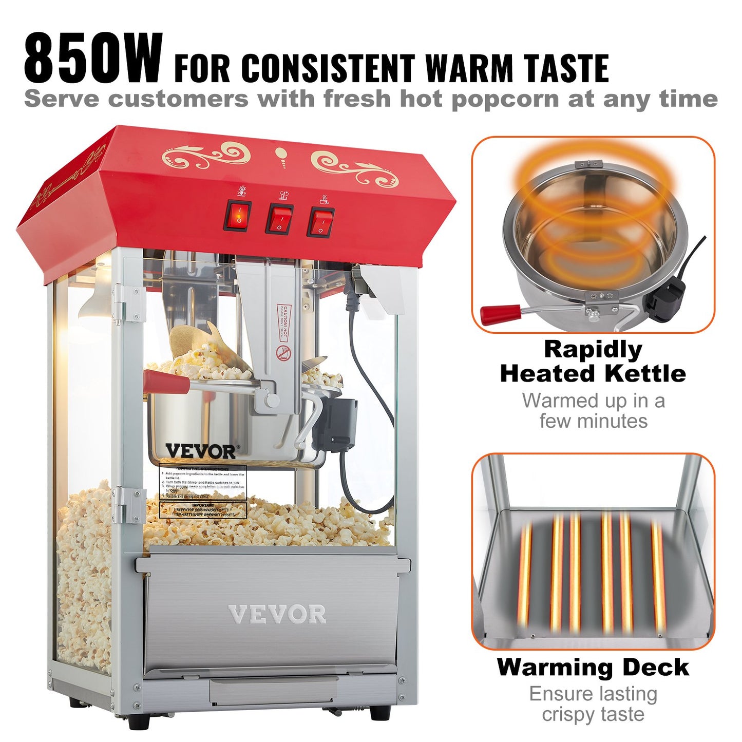 Popcorn Maker, 850W Popcorn Popper Machine, 8 Oz Kettle Makes 48 Cups per Batch, Countertop Popcorn Maker with Tempered Glass, Includes 4 Scoops, Movie Theater Style, Red