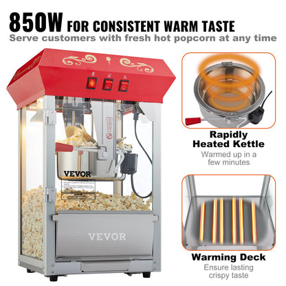 Popcorn Maker, 850W Popcorn Popper Machine, 8 Oz Kettle Makes 48 Cups per Batch, Countertop Popcorn Maker with Tempered Glass, Includes 4 Scoops, Movie Theater Style, Red