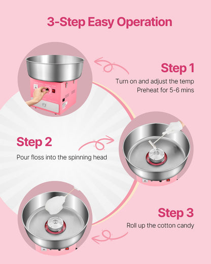 Electric Cotton Candy Machine, 1000W Commercial Candy Floss Maker with 52cm Stainless Steel Bowl, Sugar Scoop, and Drawer, Easy Home Use, Perfect for Kids Birthday, Family Party, Pink
