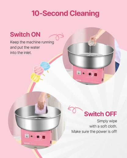 Electric Cotton Candy Machine, 1000W Commercial Candy Floss Maker with 52cm Stainless Steel Bowl, Sugar Scoop, and Drawer, Easy Home Use, Perfect for Kids Birthday, Family Party, Pink