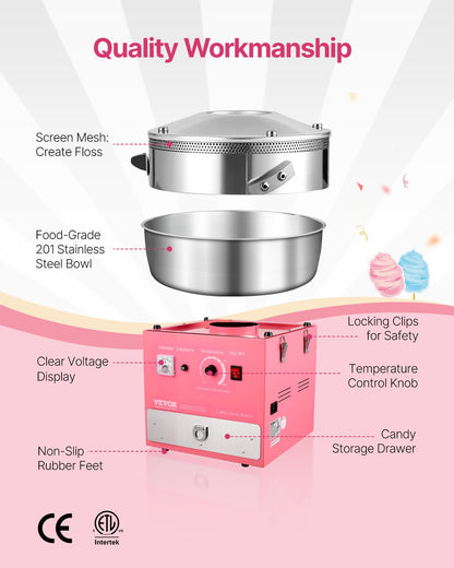 Electric Cotton Candy Machine, 1000W Commercial Candy Floss Maker with 52cm Stainless Steel Bowl, Sugar Scoop, and Drawer, Easy Home Use, Perfect for Kids Birthday, Family Party, Pink
