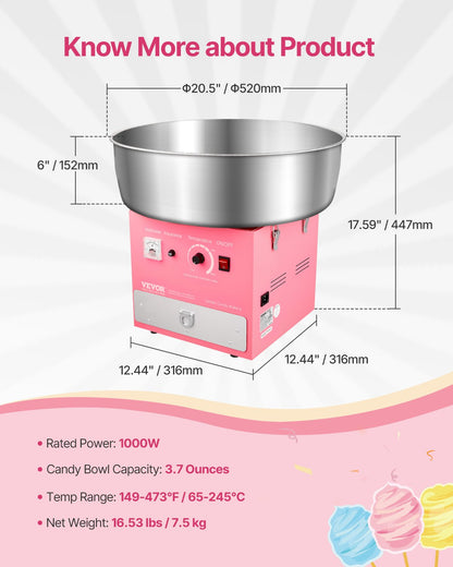 Electric Cotton Candy Machine, 1000W Commercial Candy Floss Maker with 52cm Stainless Steel Bowl, Sugar Scoop, and Drawer, Easy Home Use, Perfect for Kids Birthday, Family Party, Pink