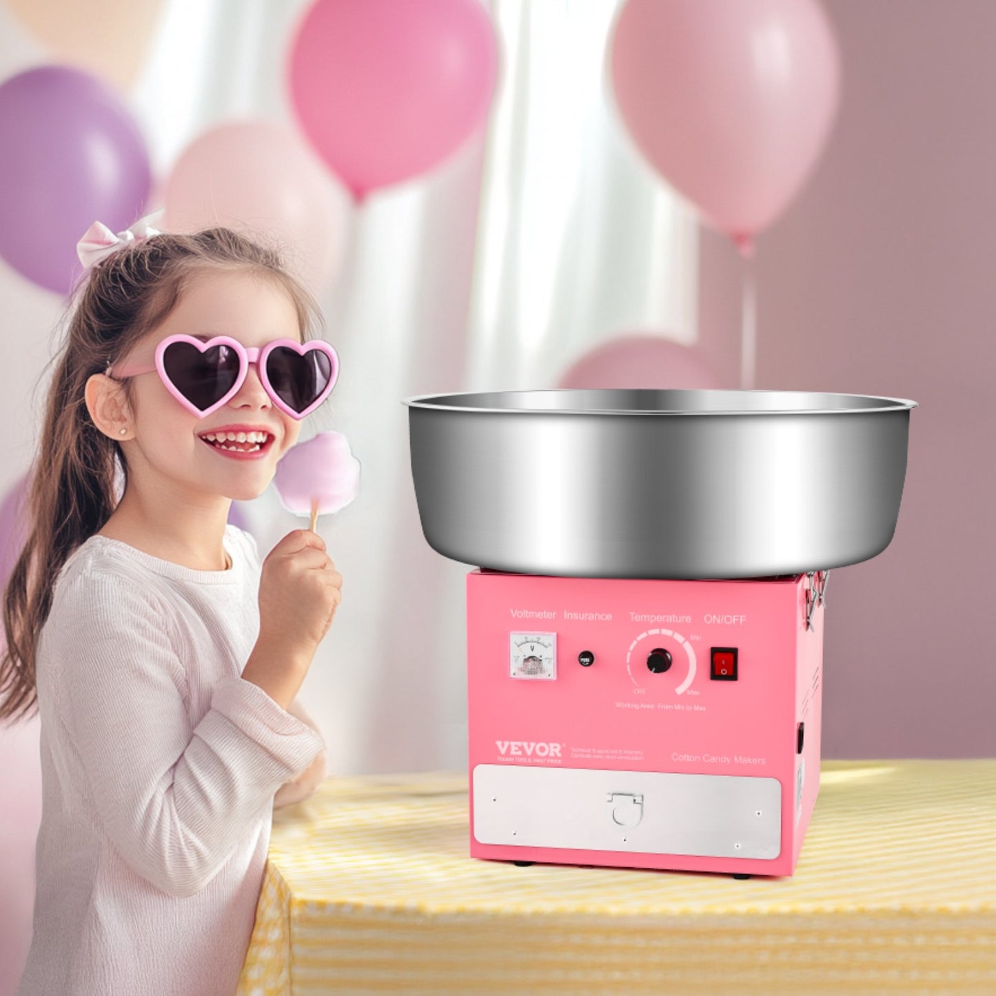 Electric Cotton Candy Machine, 1000W Commercial Candy Floss Maker with 52cm Stainless Steel Bowl, Sugar Scoop, and Drawer, Easy Home Use, Perfect for Kids Birthday, Family Party, Pink