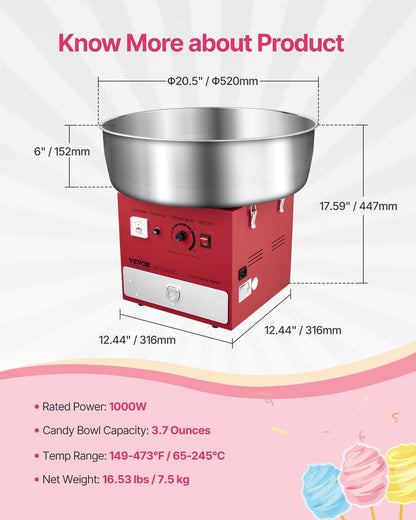 Electric Cotton Candy Machine, 1000W Commercial Candy Floss Maker with 52cm in Stainless Steel Bowl, Sugar Scoop, and Drawer, Easy Home Use, Perfect for Kids Birthday, Family Party, Red