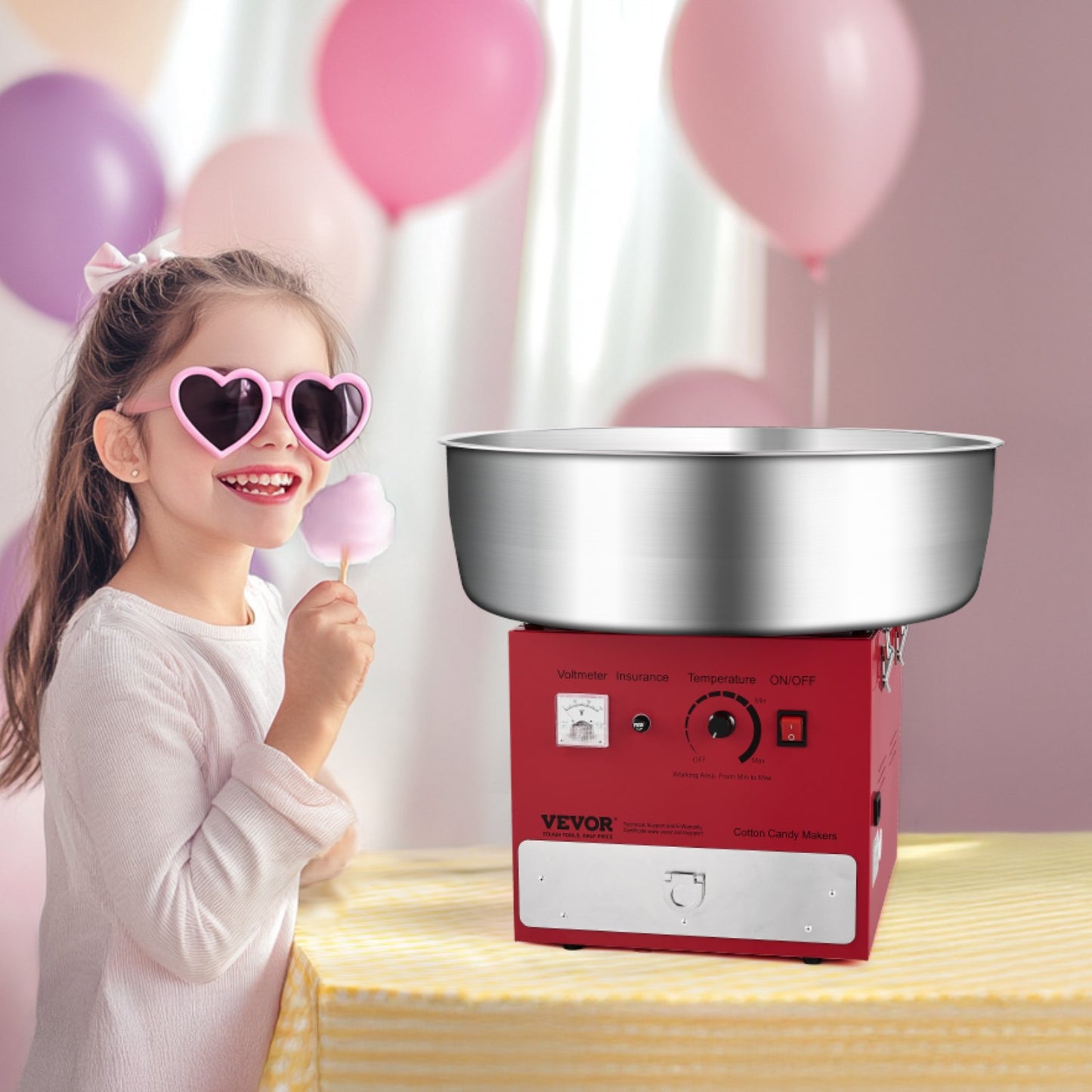 Electric Cotton Candy Machine, 1000W Commercial Candy Floss Maker with 52cm in Stainless Steel Bowl, Sugar Scoop, and Drawer, Easy Home Use, Perfect for Kids Birthday, Family Party, Red