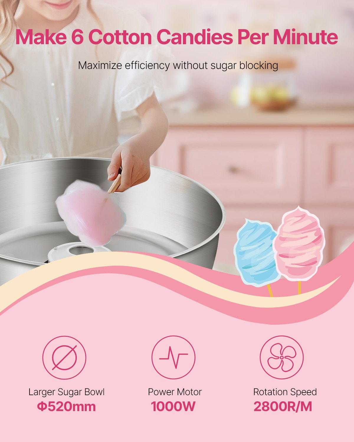 Electric Cotton Candy Machine, 1000W Commercial Candy Floss Maker with 52cm in Stainless Steel Bowl, Sugar Scoop, and Drawer, Easy Home Use, Perfect for Kids Birthday, Family Party, Blue