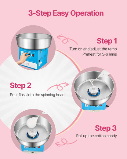 Electric Cotton Candy Machine, 1000W Commercial Candy Floss Maker with 52cm in Stainless Steel Bowl, Sugar Scoop, and Drawer, Easy Home Use, Perfect for Kids Birthday, Family Party, Blue