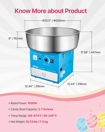 Electric Cotton Candy Machine, 1000W Commercial Candy Floss Maker with 52cm in Stainless Steel Bowl, Sugar Scoop, and Drawer, Easy Home Use, Perfect for Kids Birthday, Family Party, Blue