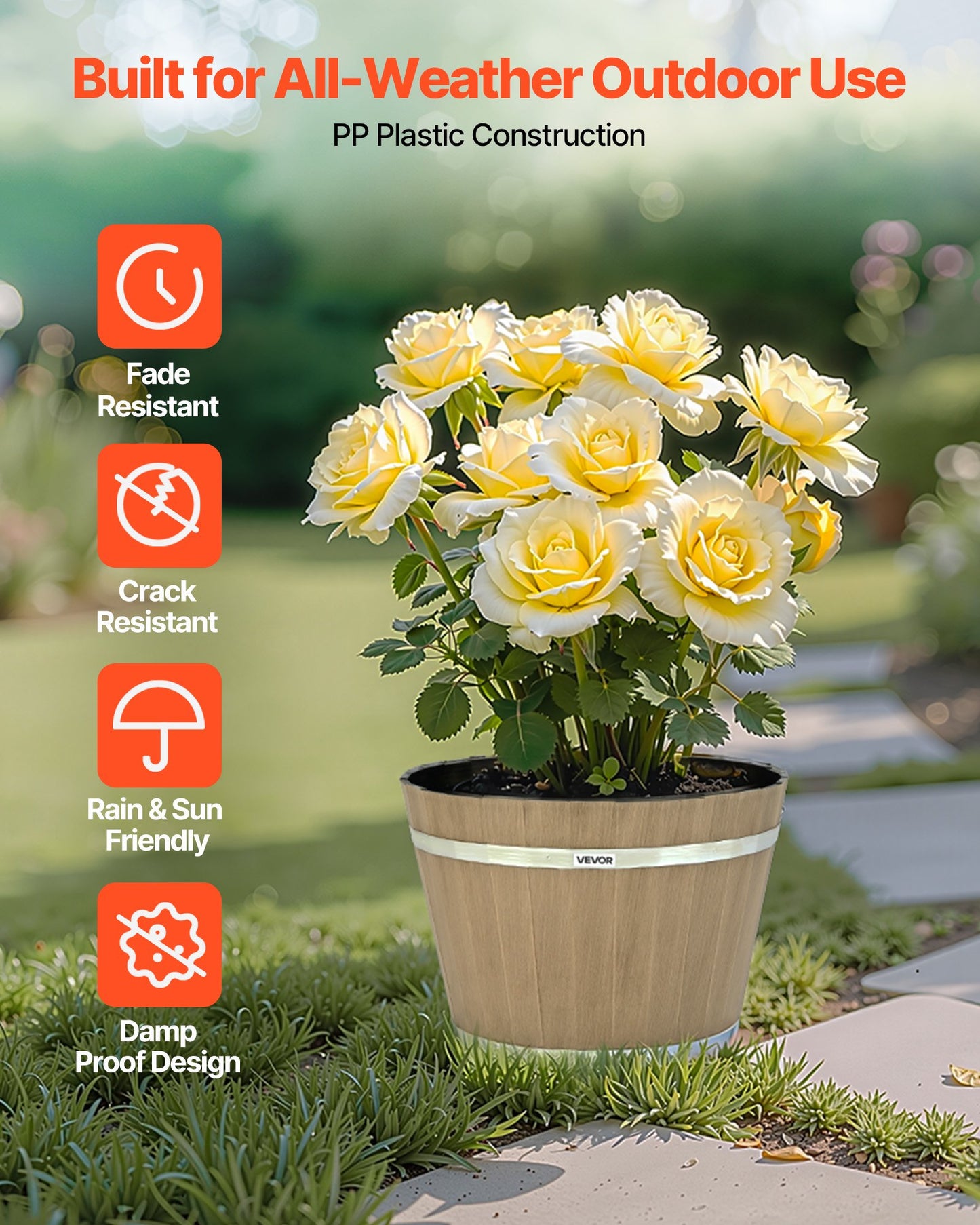 Plant Pots, 4 Pack 300 mm Whiskey Barrel Planters with Drainage Holes, Large Outside Plastic Decoration Flower Pot Imitation Wine Barrel Design for Indoor & Outdoor Garden Home Plants, Brown