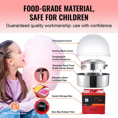 Electric Cotton Candy Machine, 1000W Candy Floss Maker, Commercial Cotton Candy Machine with Cover, Stainless Steel Bowl, Sugar Scoop, Drawer, Perfect for Home Kids Birthday, Family Party, Red