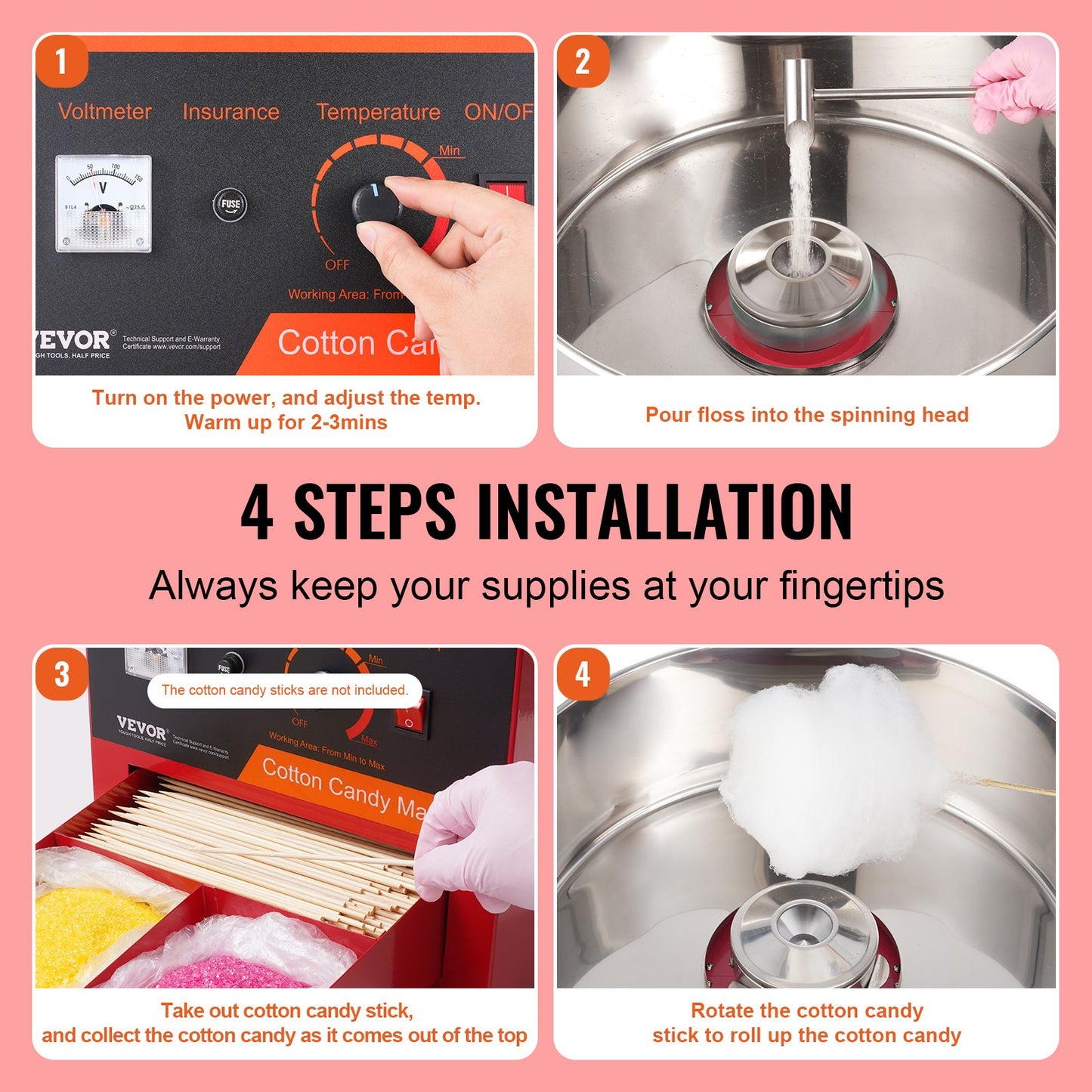 Electric Cotton Candy Machine, 1000W Candy Floss Maker, Commercial Cotton Candy Machine with Cover, Stainless Steel Bowl, Sugar Scoop, Drawer, Perfect for Home Kids Birthday, Family Party, Red